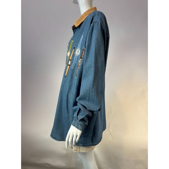 Vintage Bobbie Brooks Denim Button-Up Shirt With Embroidered Watches Plus Sz 24W - Picture 14 of 16